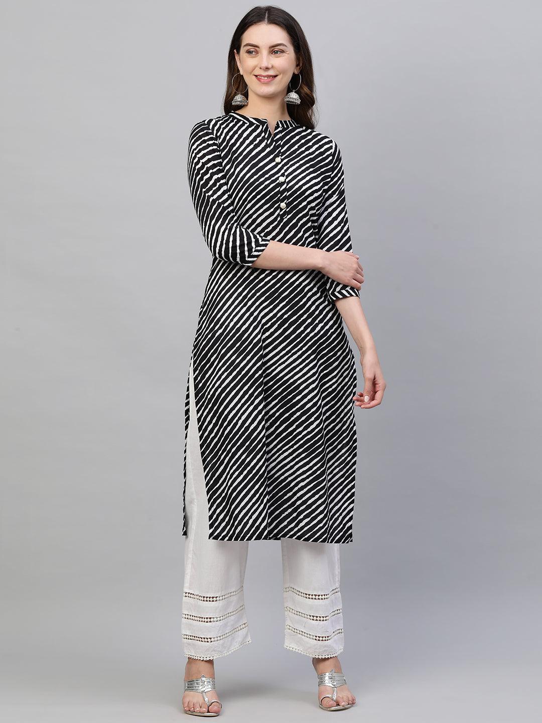 Lehariya Printed Straight Kurta – Black - Indiakreations