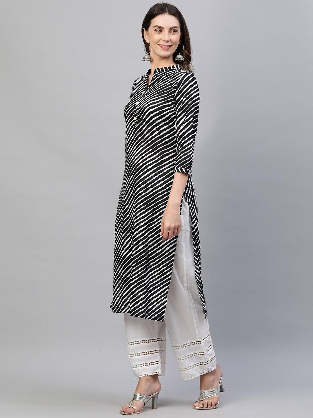 Lehariya Printed Straight Kurta – Black - Indiakreations