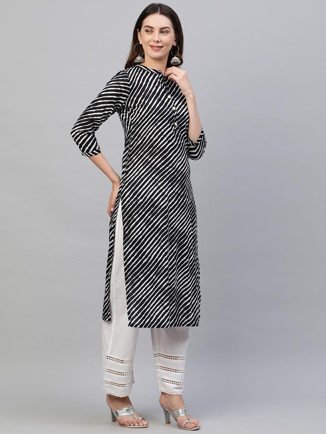 Lehariya Printed Straight Kurta – Black - Indiakreations