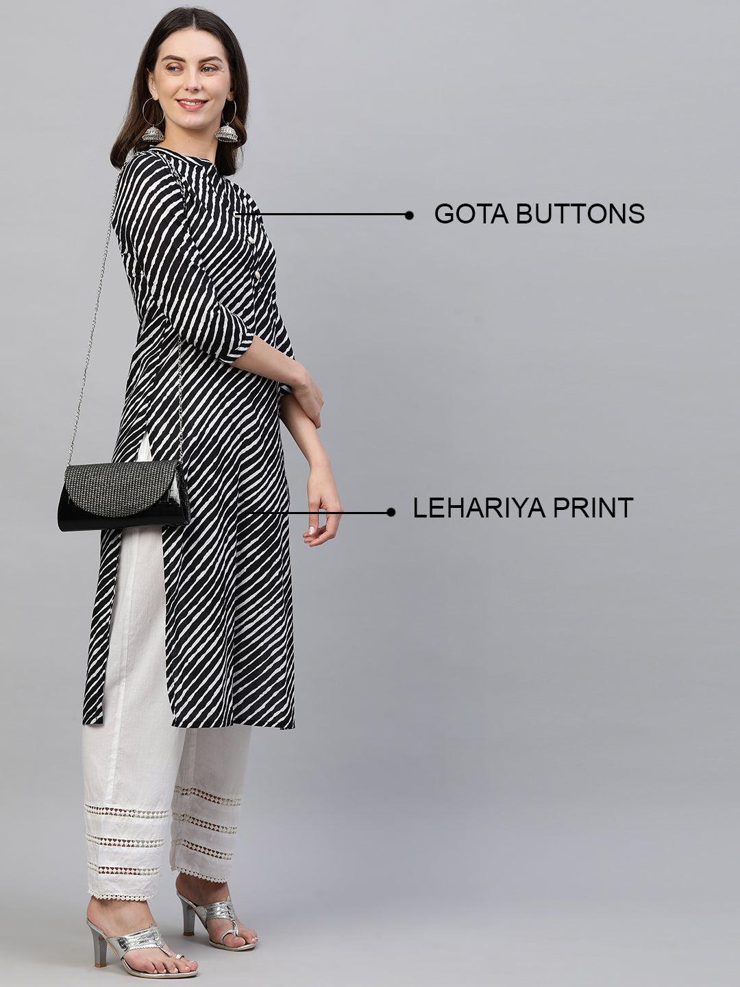 Lehariya Printed Straight Kurta – Black - Indiakreations