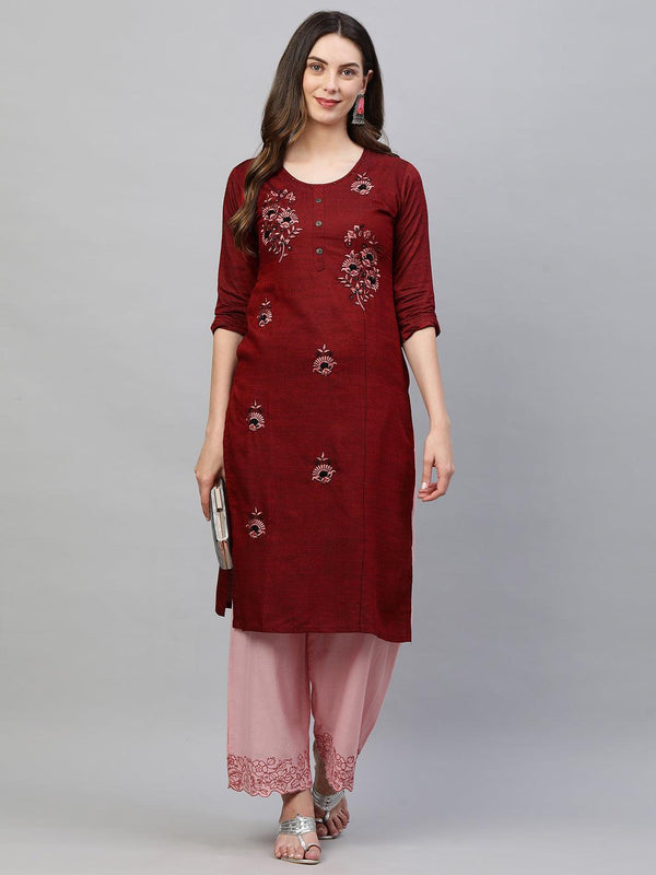 Floral Embroidered & Woven Textured Straight Kurta - Maroon - Indiakreations