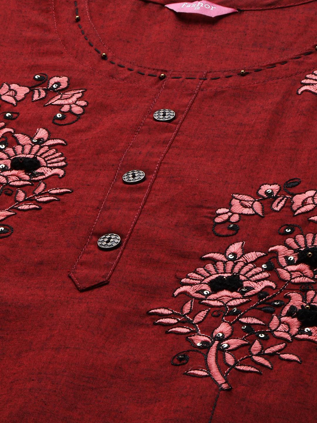 Floral Embroidered & Woven Textured Straight Kurta - Maroon - Indiakreations