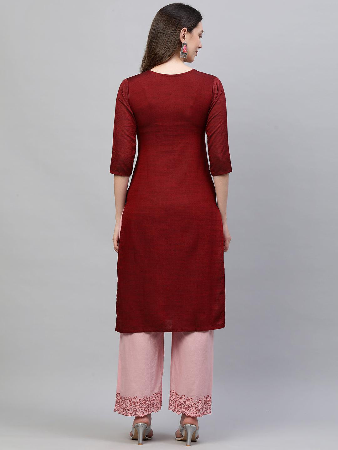 Floral Embroidered & Woven Textured Straight Kurta - Maroon - Indiakreations