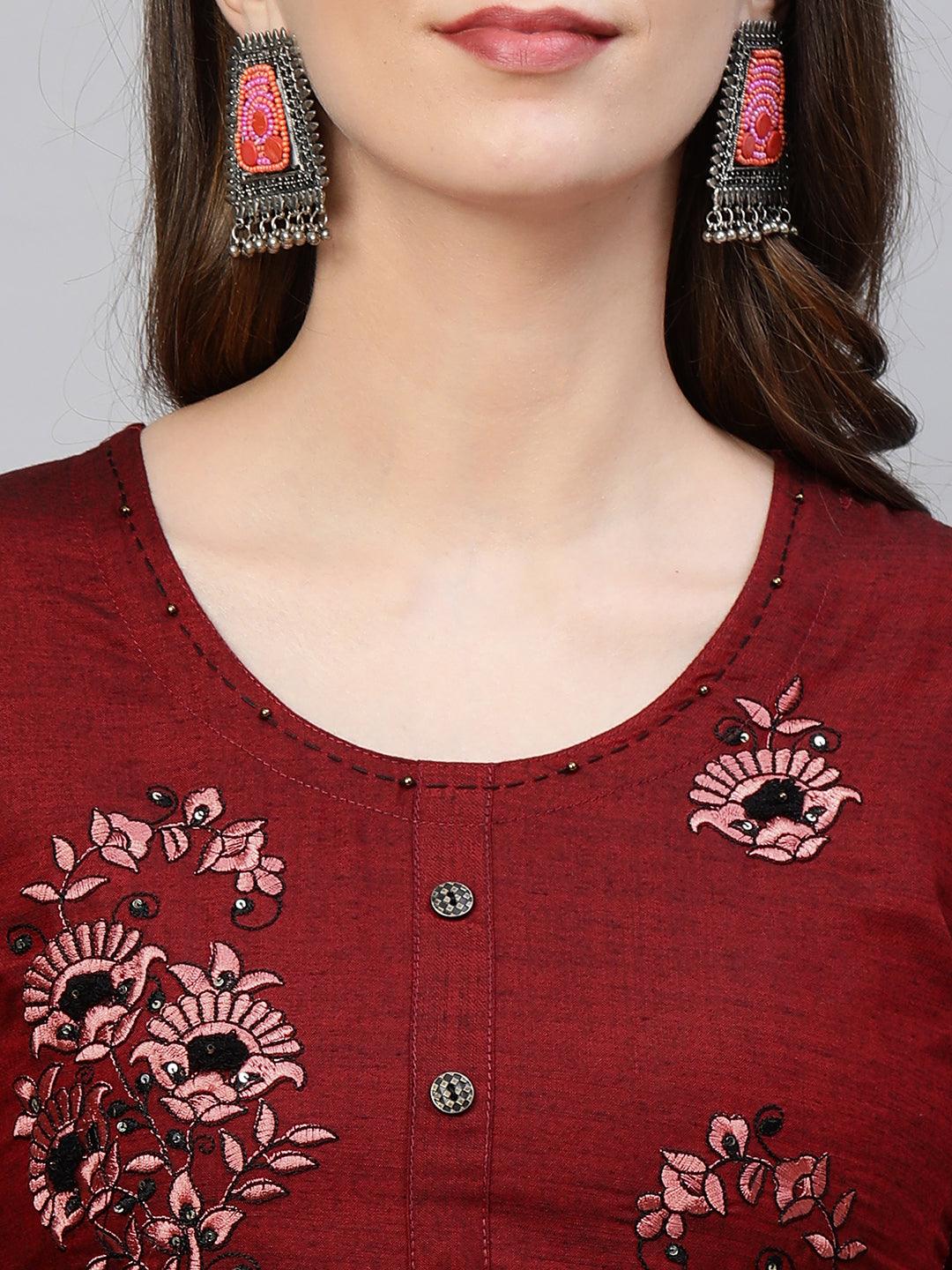 Floral Embroidered & Woven Textured Straight Kurta - Maroon - Indiakreations