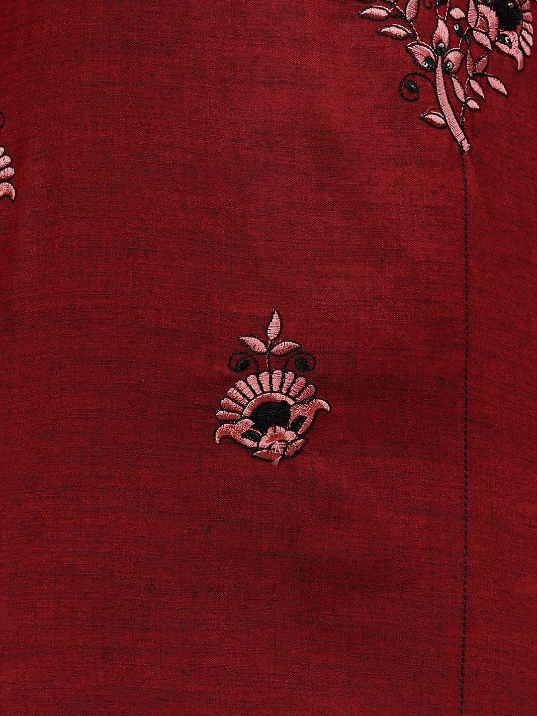 Floral Embroidered & Woven Textured Straight Kurta - Maroon - Indiakreations