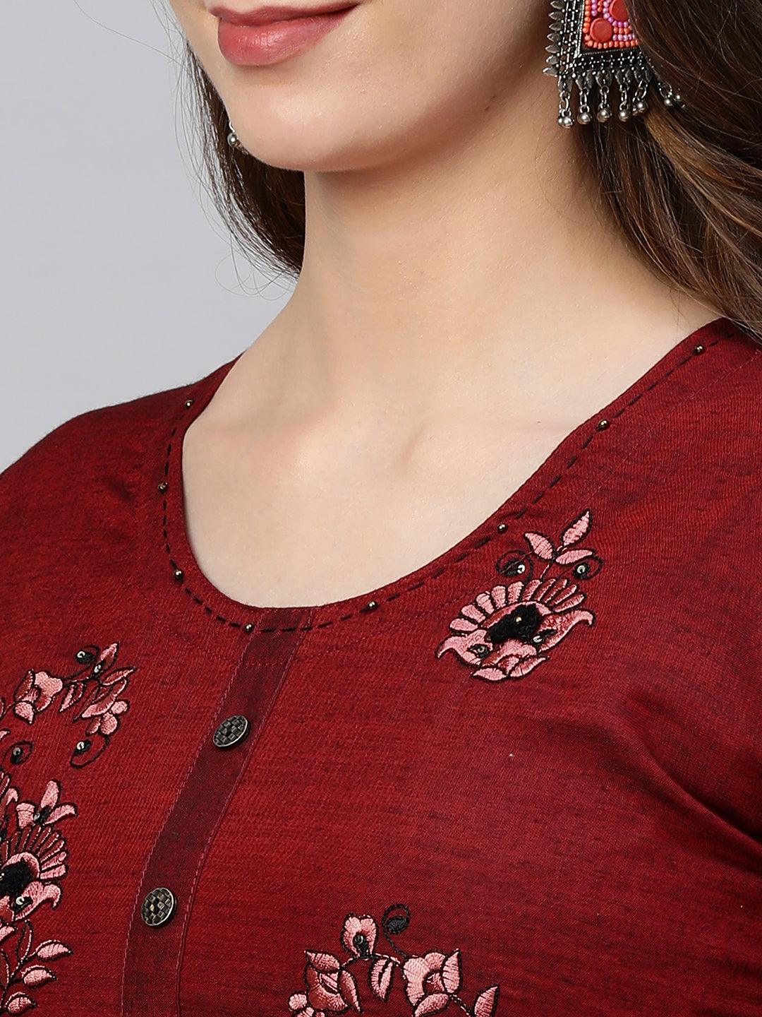 Floral Embroidered & Woven Textured Straight Kurta - Maroon - Indiakreations