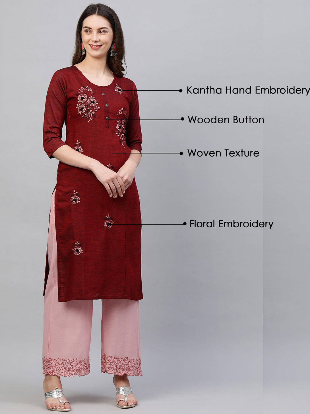 Floral Embroidered & Woven Textured Straight Kurta - Maroon - Indiakreations