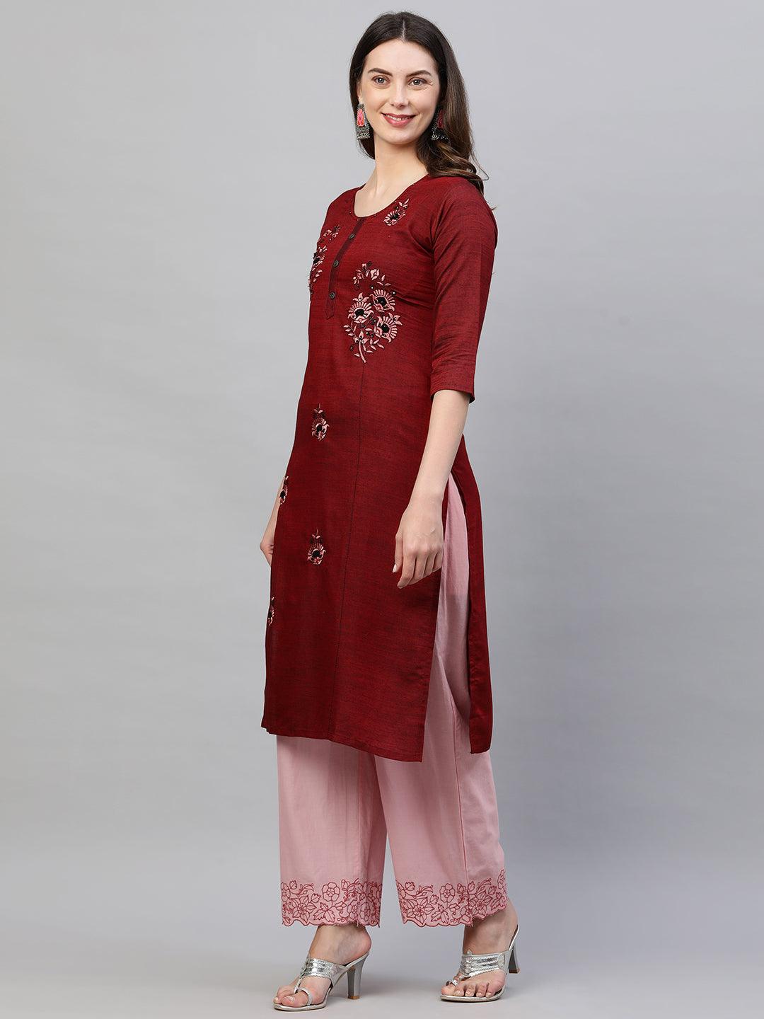 Floral Embroidered & Woven Textured Straight Kurta - Maroon - Indiakreations