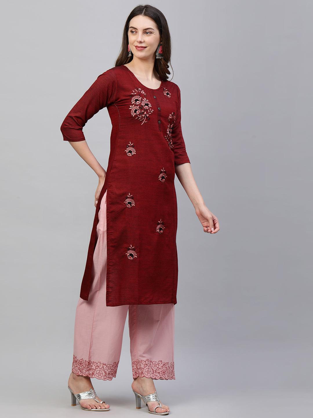 Floral Embroidered & Woven Textured Straight Kurta - Maroon - Indiakreations