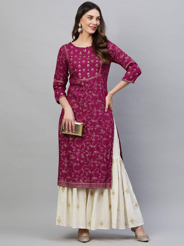 Foil Printed & Hand Embroidered Straight Kurta - Rani Pink - Indiakreations