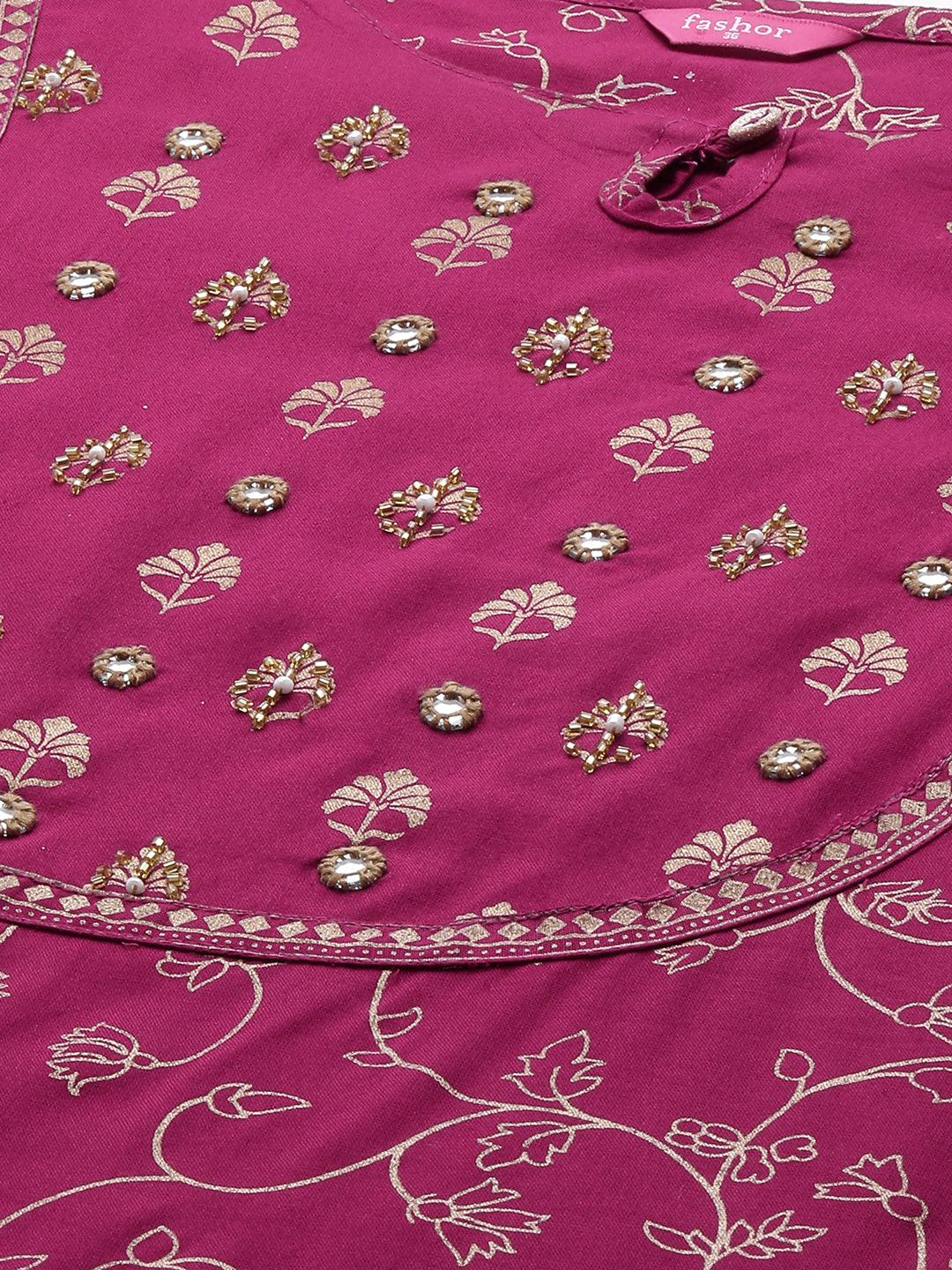 Foil Printed & Hand Embroidered Straight Kurta - Rani Pink - Indiakreations