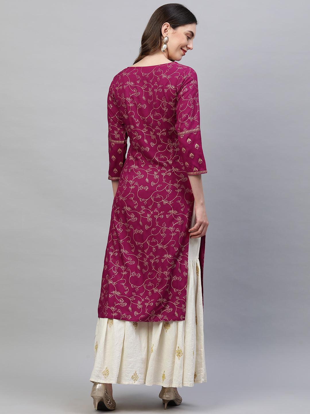 Foil Printed & Hand Embroidered Straight Kurta - Rani Pink - Indiakreations