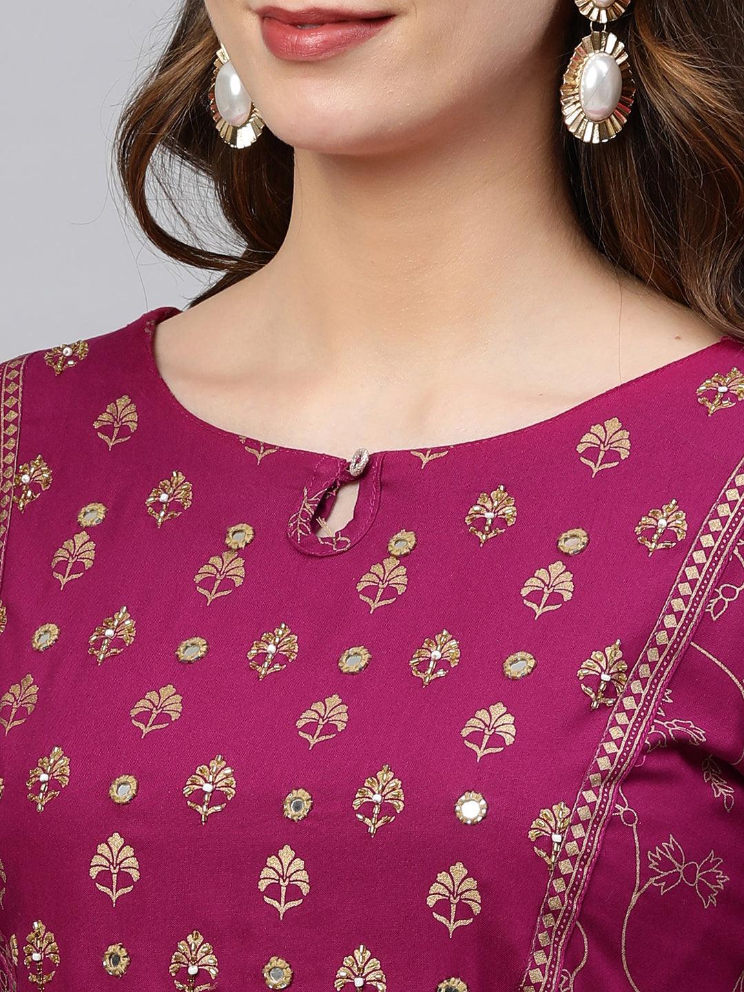 Foil Printed & Hand Embroidered Straight Kurta - Rani Pink - Indiakreations