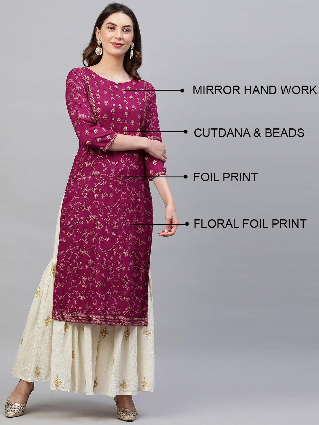 Foil Printed & Hand Embroidered Straight Kurta - Rani Pink - Indiakreations