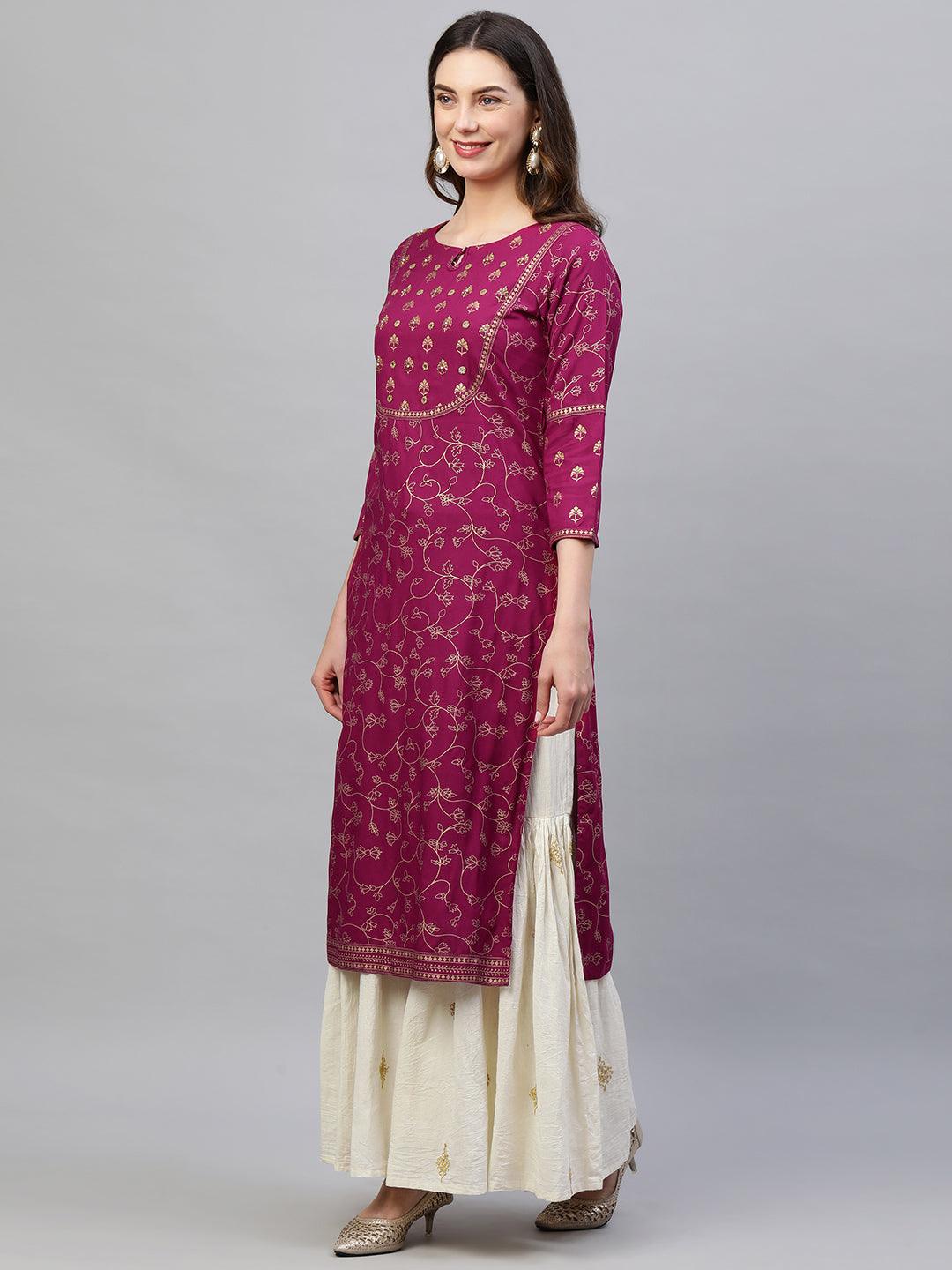 Foil Printed & Hand Embroidered Straight Kurta - Rani Pink - Indiakreations