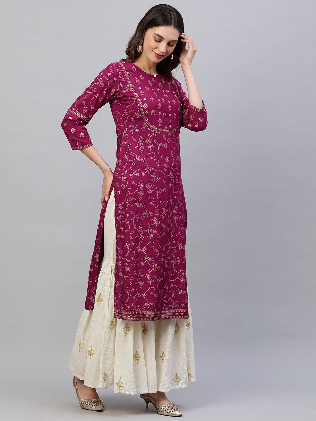 Foil Printed & Hand Embroidered Straight Kurta - Rani Pink - Indiakreations