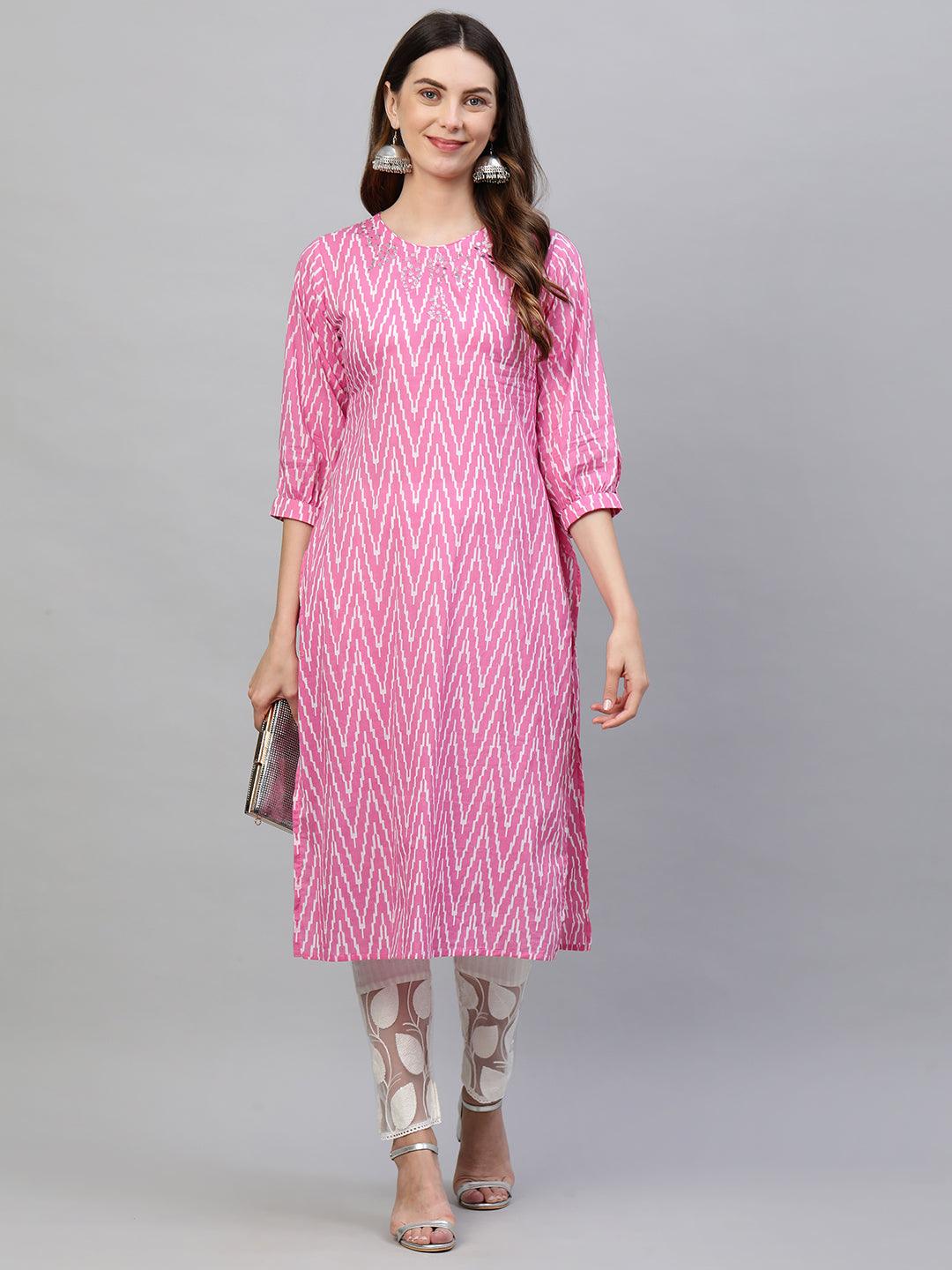 Ikat Chevron Printed & Mirror Embroidered Kurta - Pink - Indiakreations