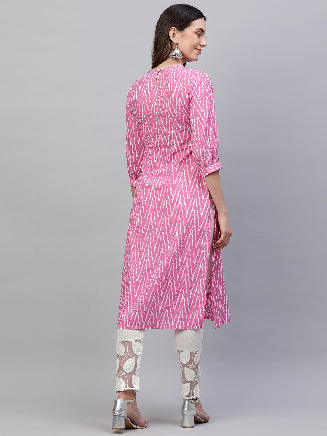 Ikat Chevron Printed & Mirror Embroidered Kurta - Pink - Indiakreations