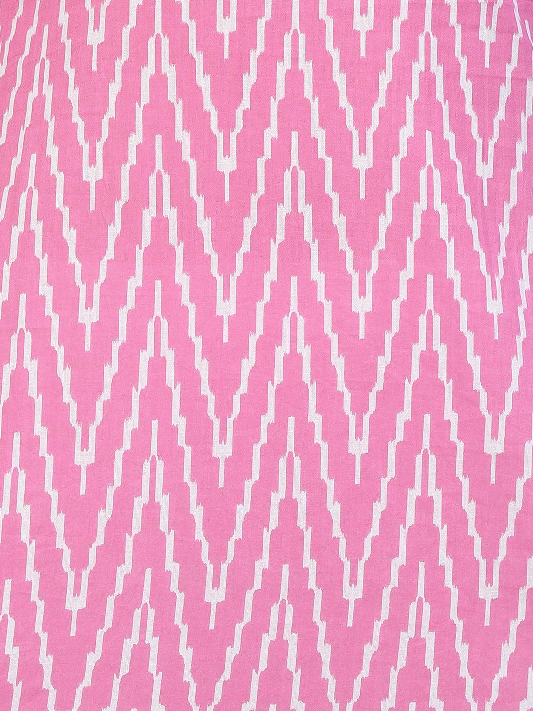 Ikat Chevron Printed & Mirror Embroidered Kurta - Pink - Indiakreations