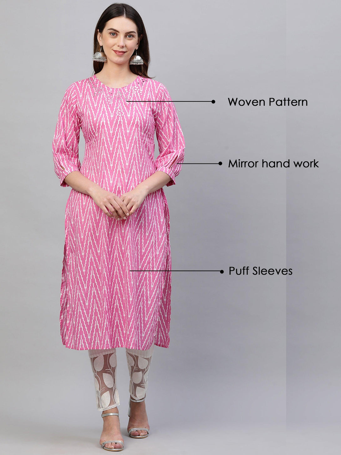 Ikat Chevron Printed & Mirror Embroidered Kurta - Pink - Indiakreations