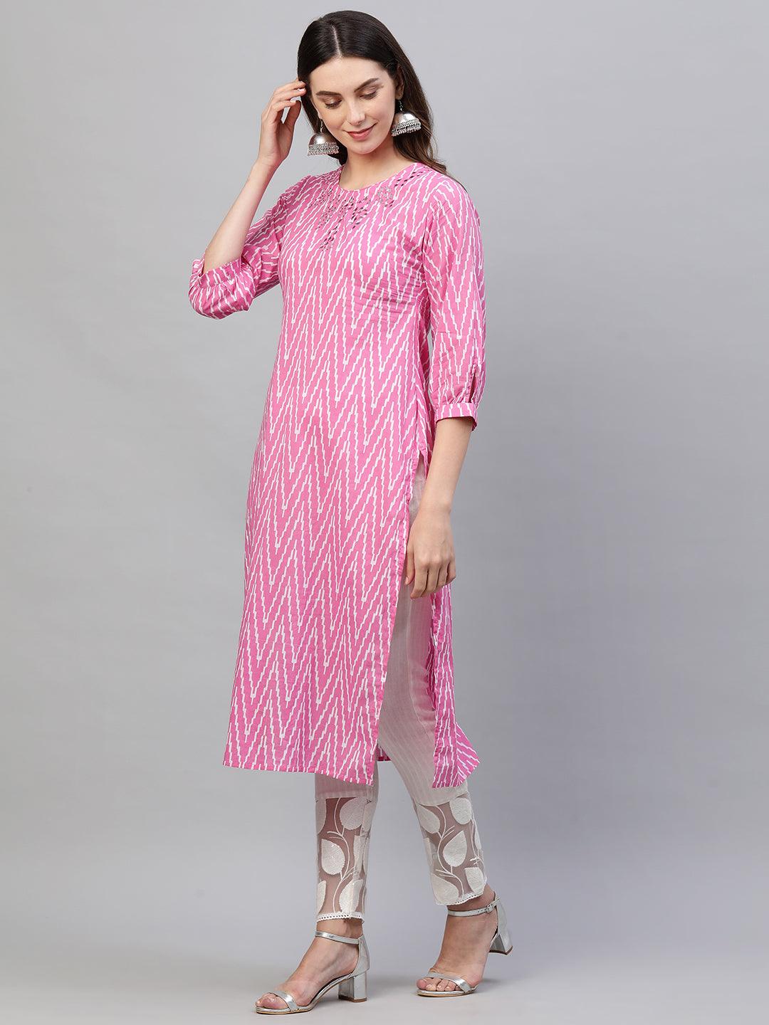 Ikat Chevron Printed & Mirror Embroidered Kurta - Pink - Indiakreations