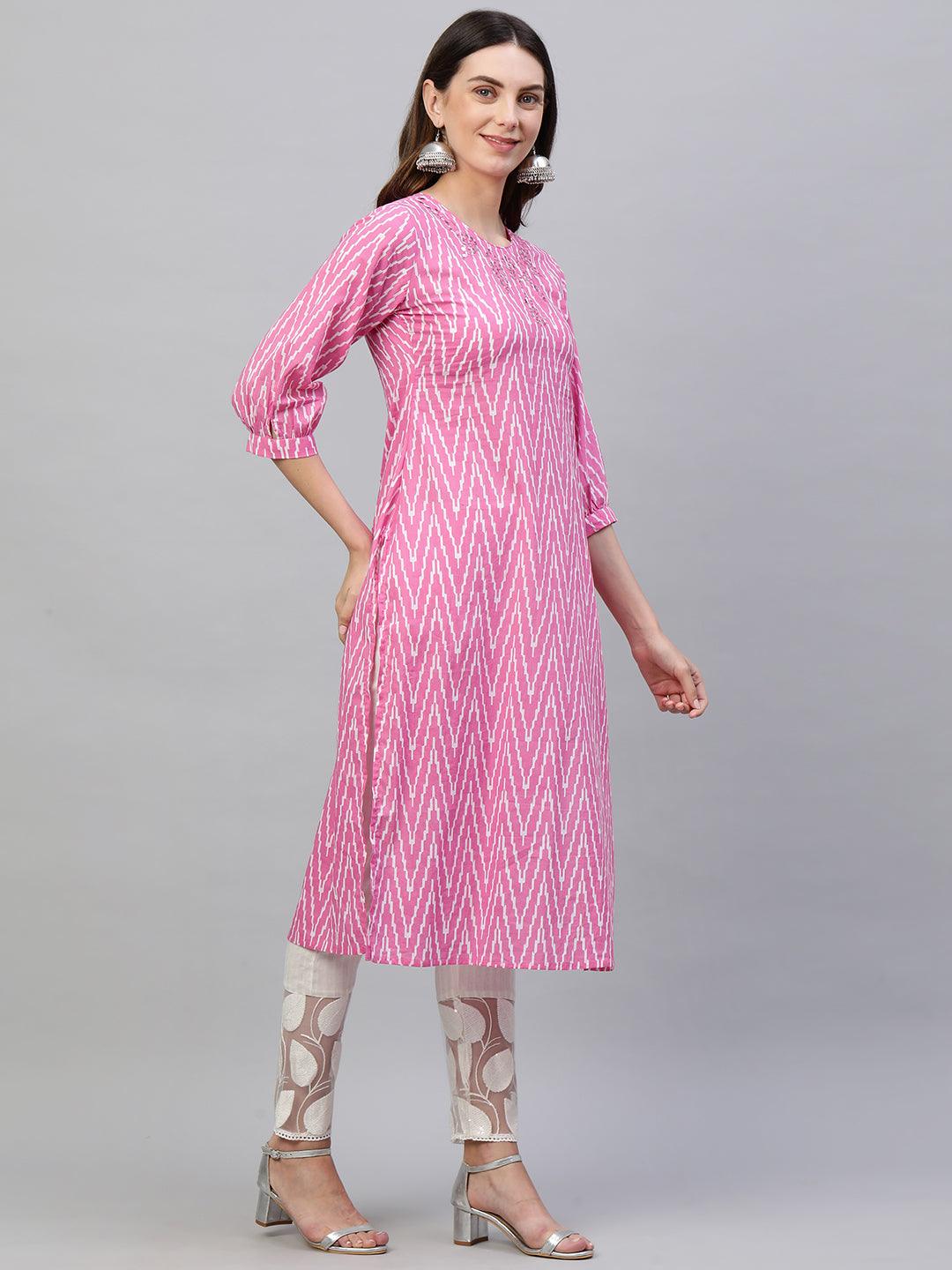 Ikat Chevron Printed & Mirror Embroidered Kurta - Pink - Indiakreations