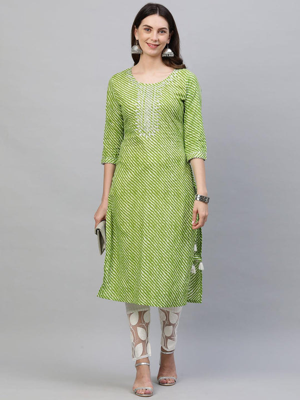 Leheriya Printed & Zari Embroidered Straight Kurta - Green - Indiakreations