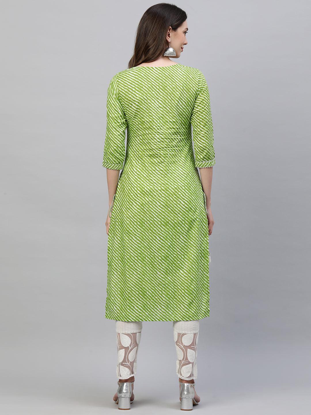 Leheriya Printed & Zari Embroidered Straight Kurta - Green - Indiakreations