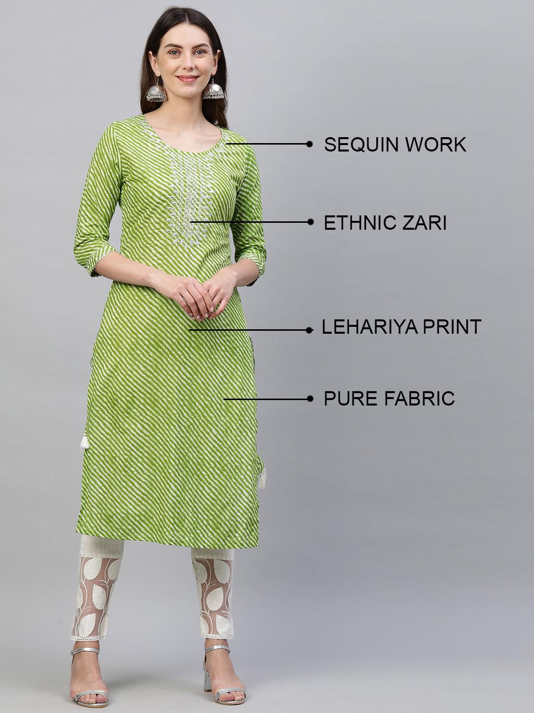 Leheriya Printed & Zari Embroidered Straight Kurta - Green - Indiakreations