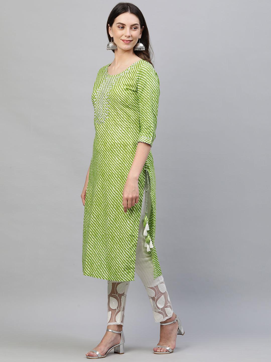 Leheriya Printed & Zari Embroidered Straight Kurta - Green - Indiakreations