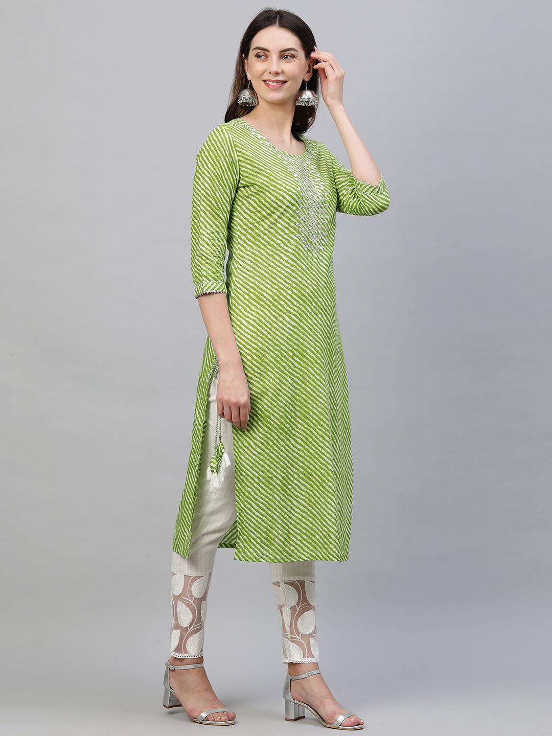 Leheriya Printed & Zari Embroidered Straight Kurta - Green - Indiakreations