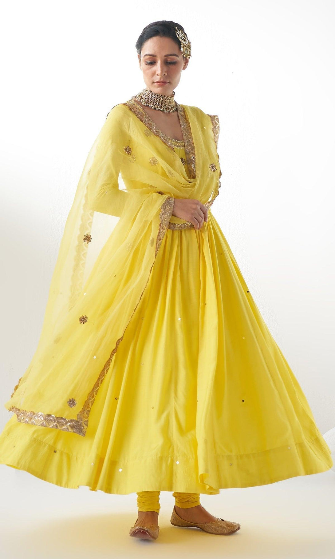 Jahanara Yellow Gota Embroidered Anarkali With Dupatta and Chooridar - Set of 3 - RTS - Indiakreations