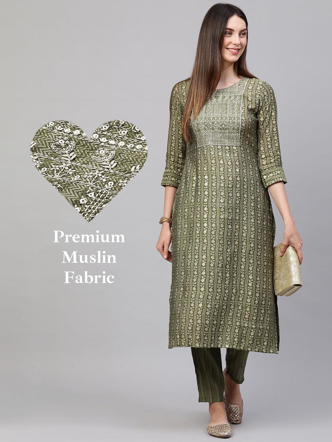 Zari Embroidered & Floral Printed Kurta with Dense Printed Pant - Green - Indiakreations