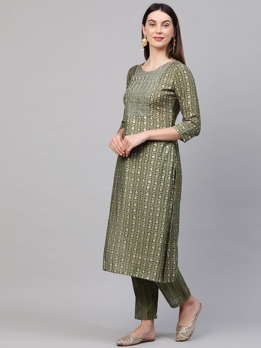 Zari Embroidered & Floral Printed Kurta with Dense Printed Pant - Green - Indiakreations