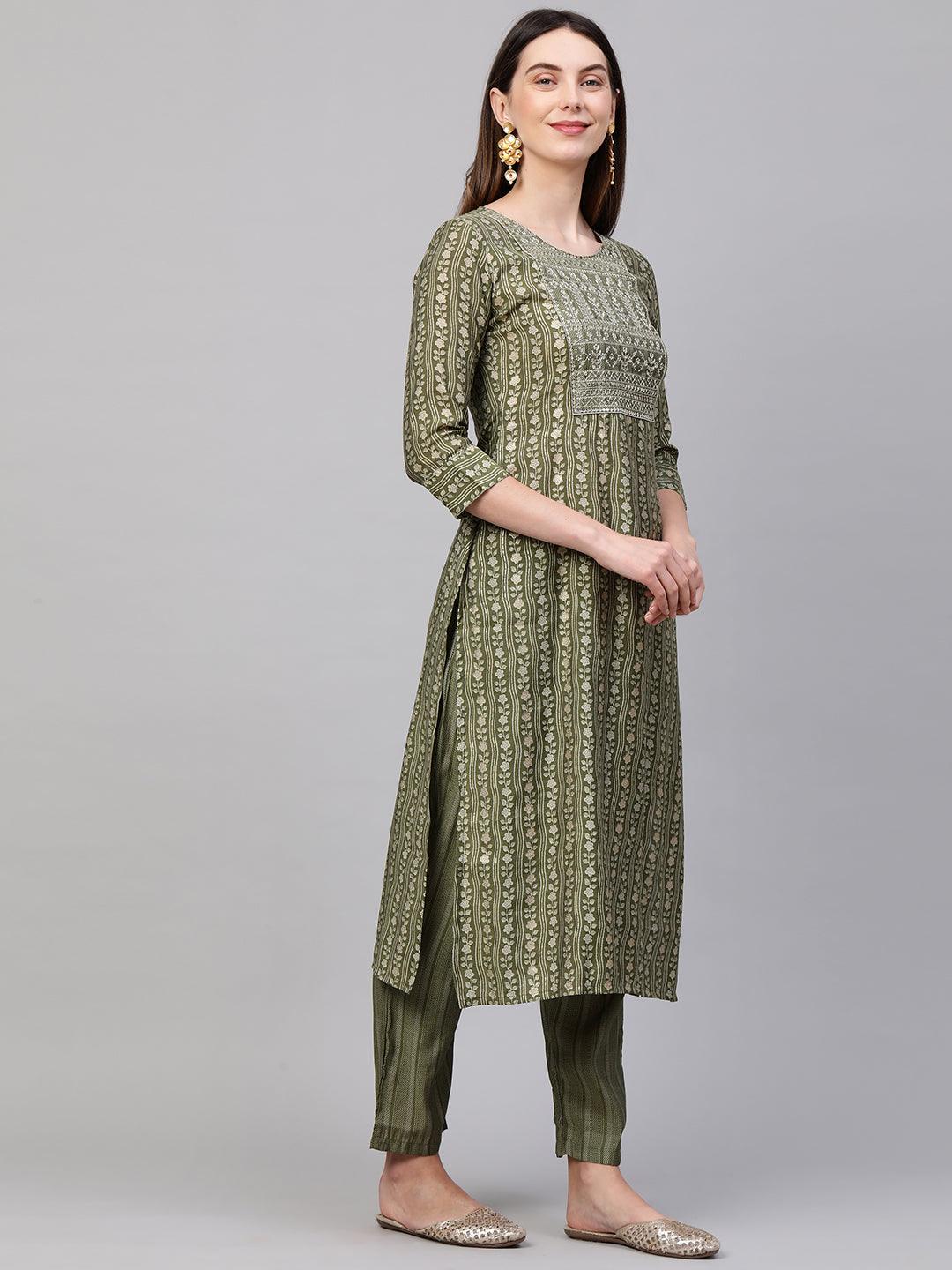 Zari Embroidered & Floral Printed Kurta with Dense Printed Pant - Green - Indiakreations