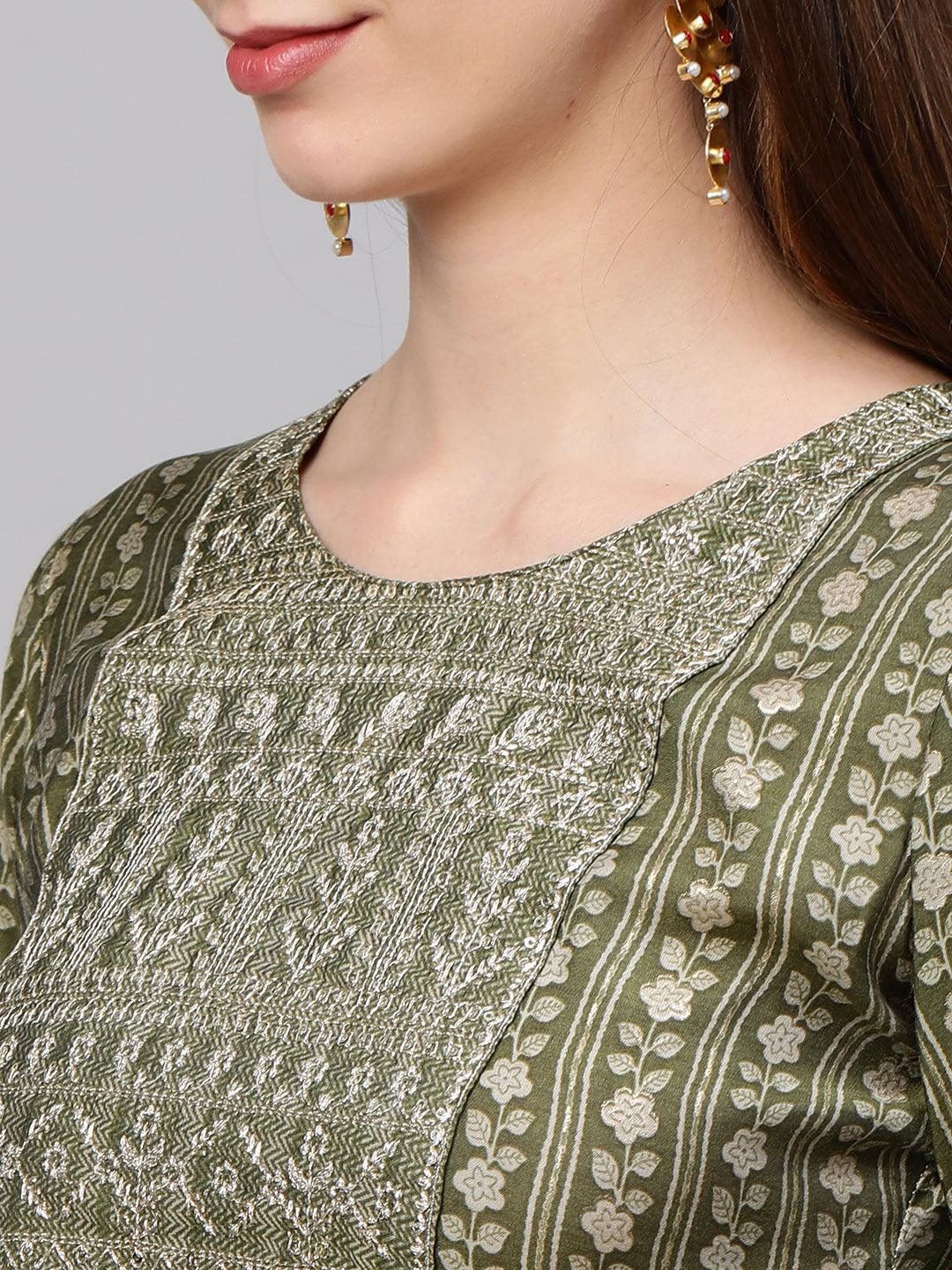 Zari Embroidered & Floral Printed Kurta with Dense Printed Pant - Green - Indiakreations