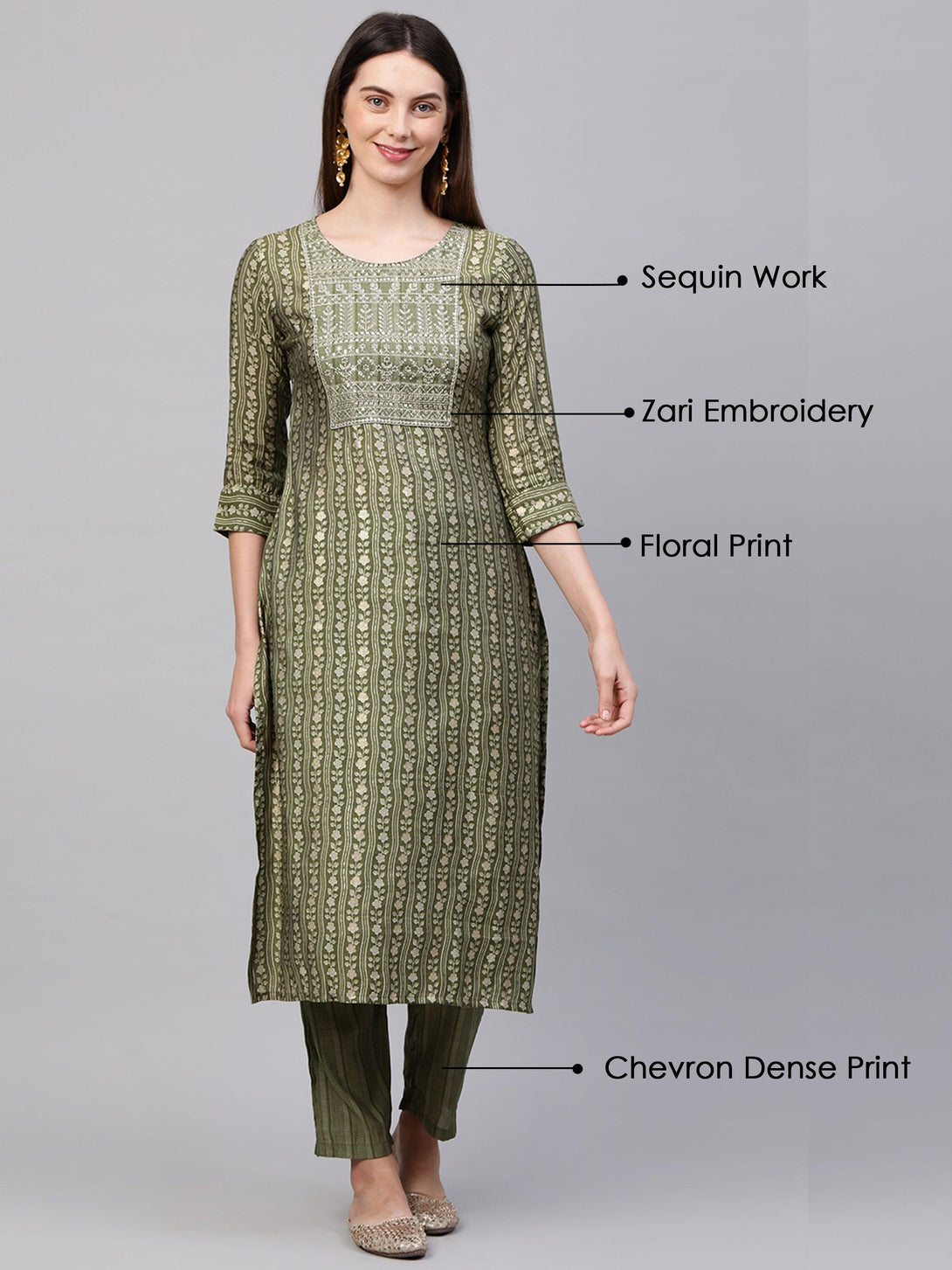 Zari Embroidered & Floral Printed Kurta with Dense Printed Pant - Green - Indiakreations