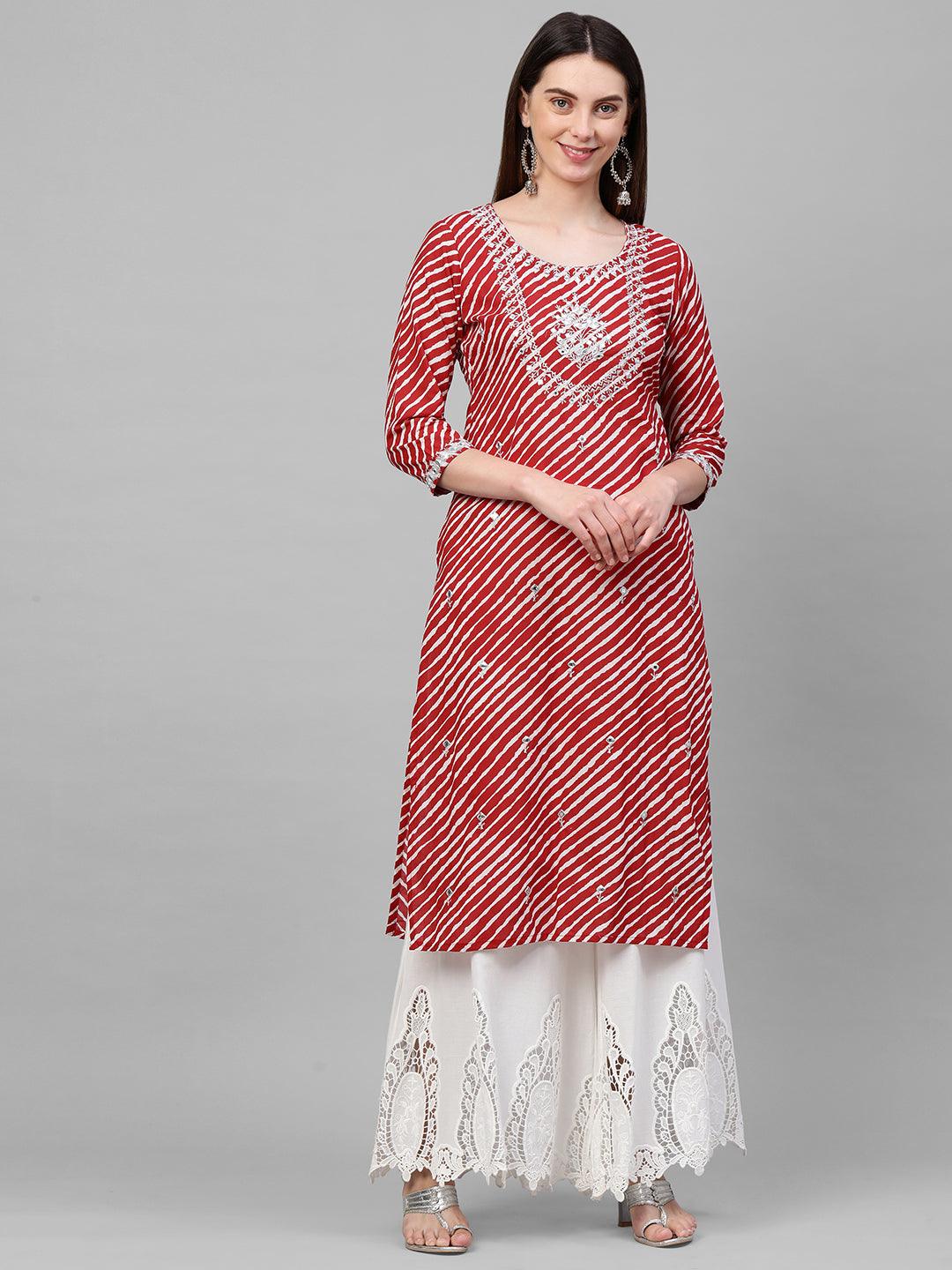 Leheriya Printed & Mirror Embroidered Kurta – Red - Indiakreations