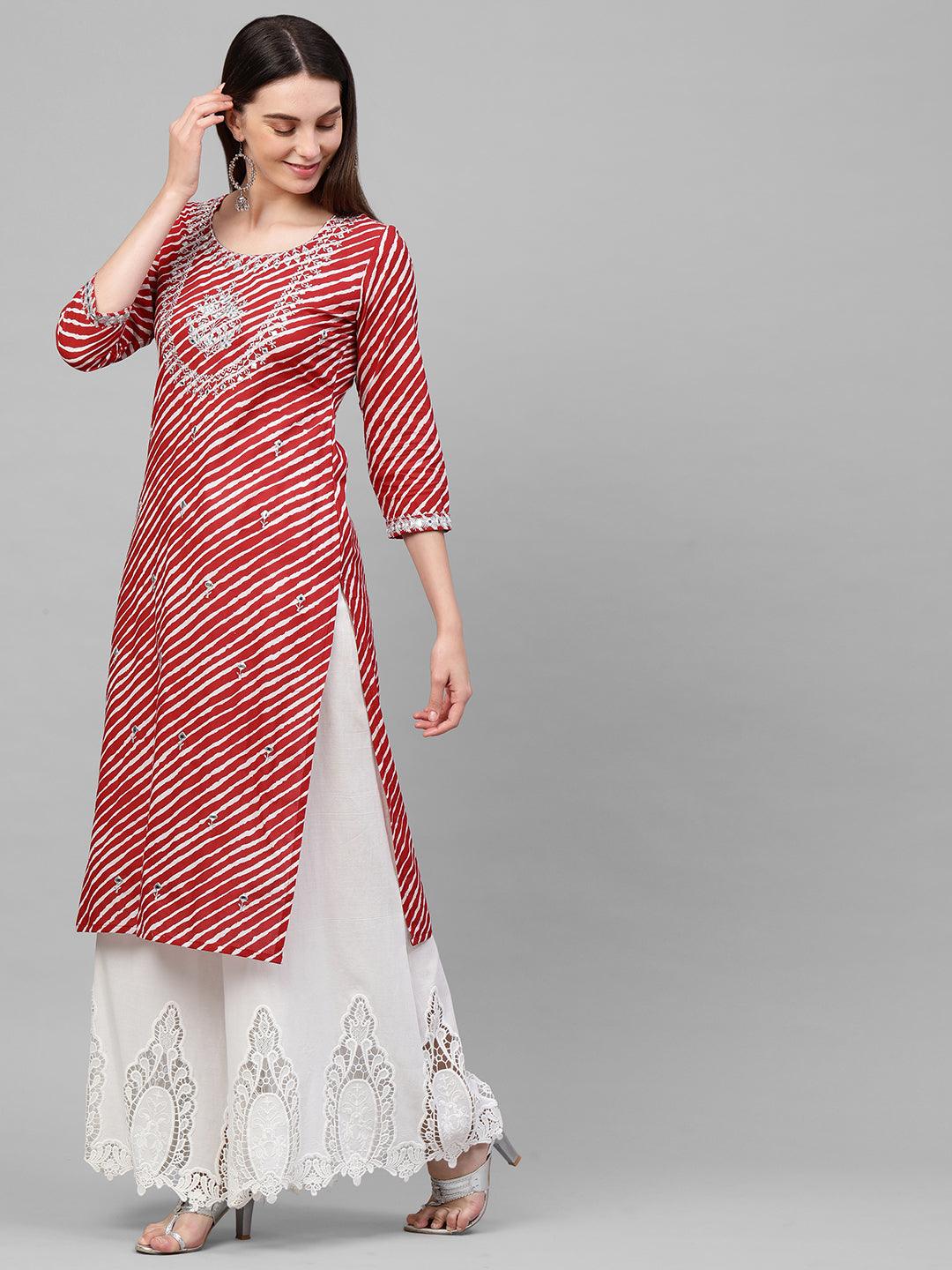 Leheriya Printed & Mirror Embroidered Kurta – Red - Indiakreations