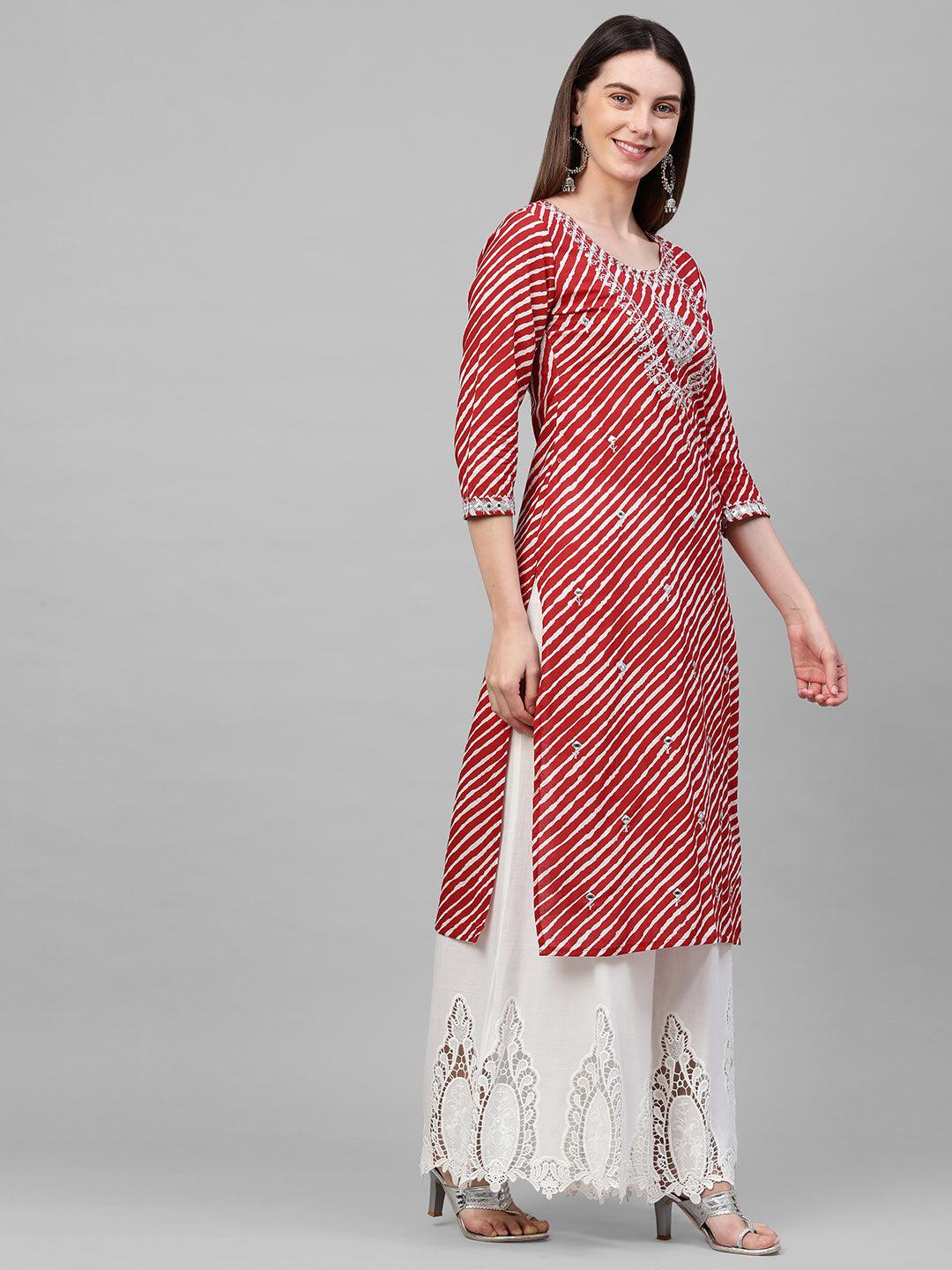 Leheriya Printed & Mirror Embroidered Kurta – Red - Indiakreations