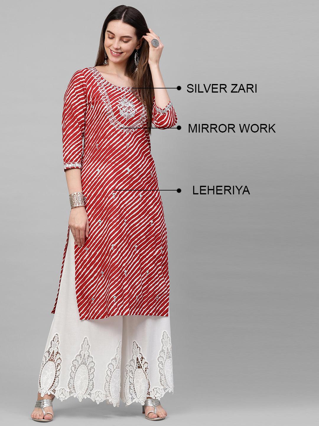 Leheriya Printed & Mirror Embroidered Kurta – Red - Indiakreations