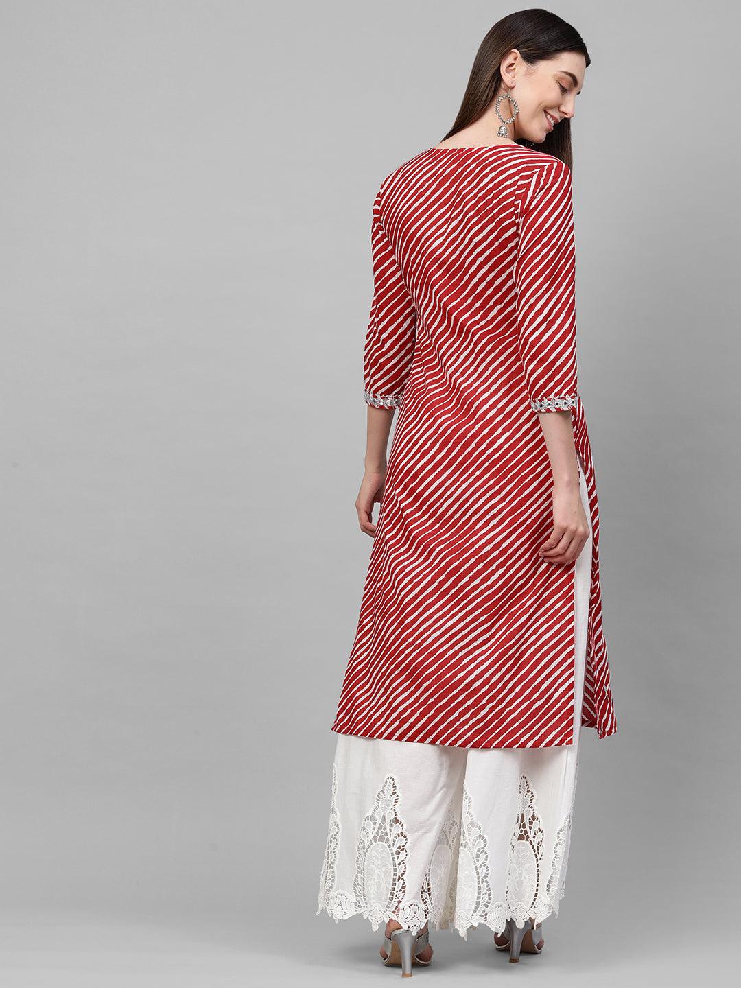 Leheriya Printed & Mirror Embroidered Kurta – Red - Indiakreations