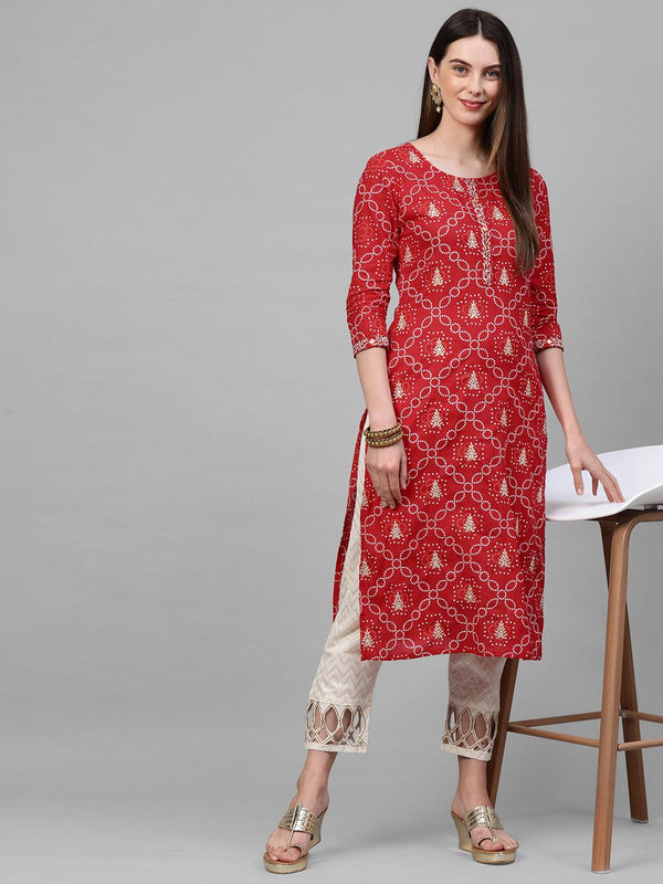 Bandhani Printed & Zari Embroidered Kurta - Red - Indiakreations