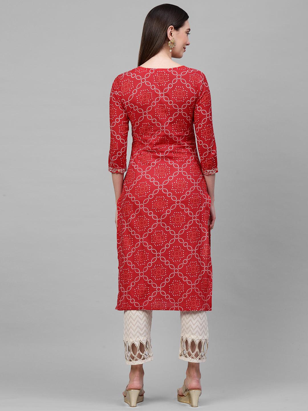 Bandhani Printed & Zari Embroidered Kurta - Red - Indiakreations