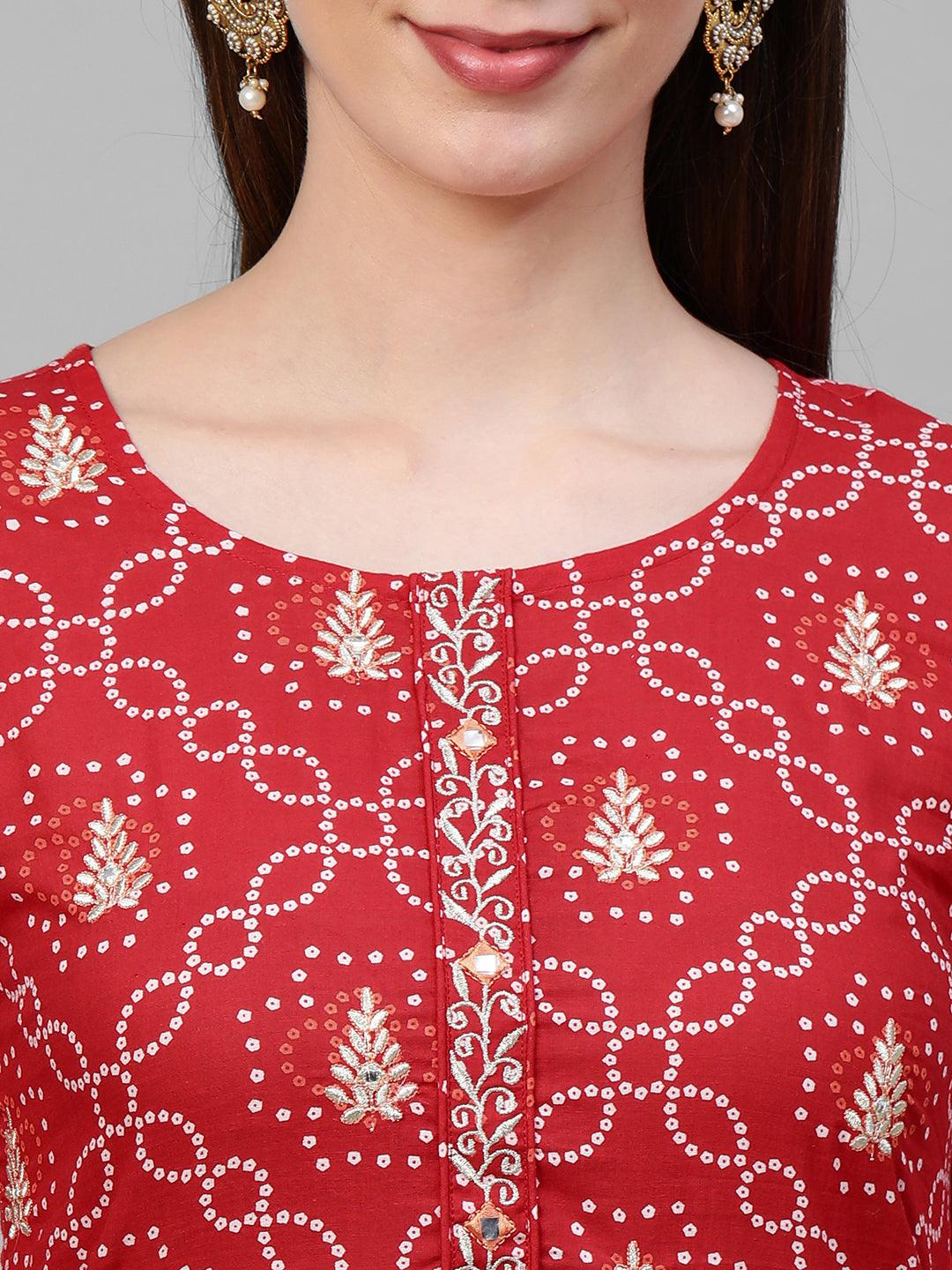 Bandhani Printed & Zari Embroidered Kurta - Red - Indiakreations