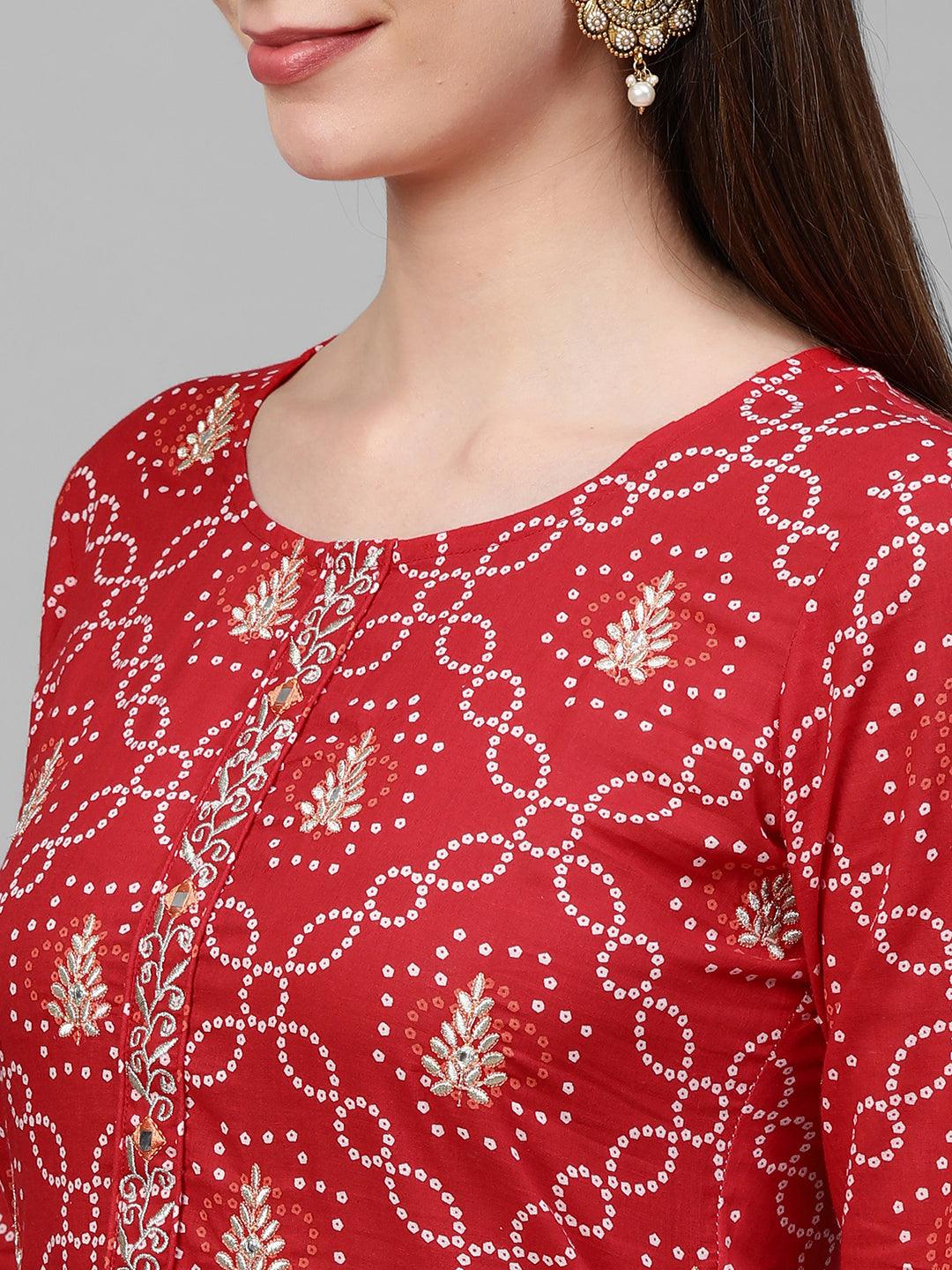 Bandhani Printed & Zari Embroidered Kurta - Red - Indiakreations