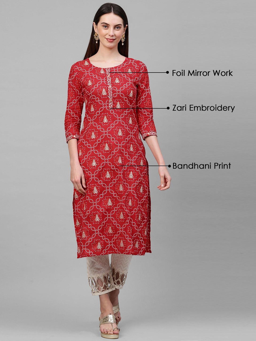 Bandhani Printed & Zari Embroidered Kurta - Red - Indiakreations