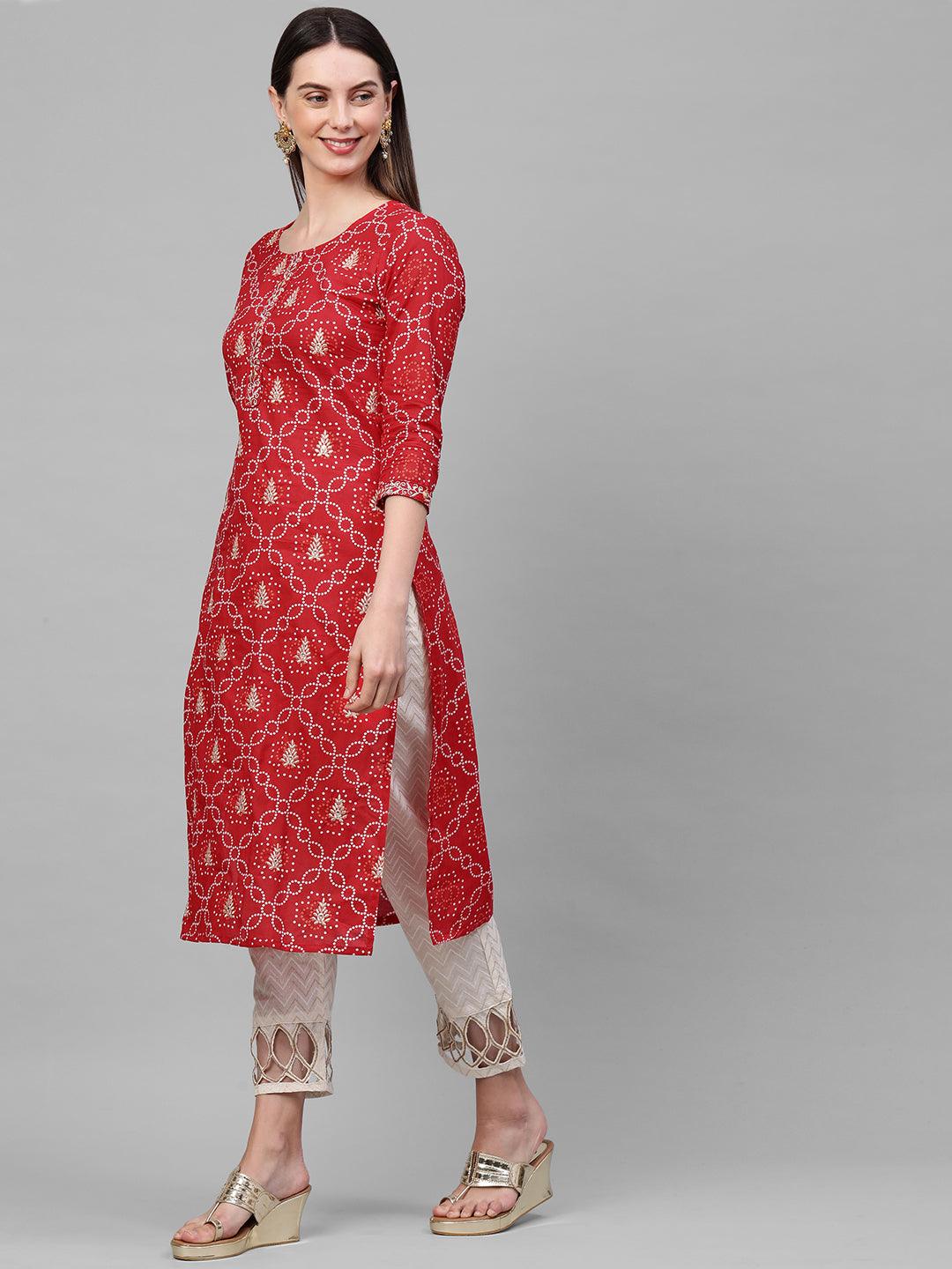 Bandhani Printed & Zari Embroidered Kurta - Red - Indiakreations