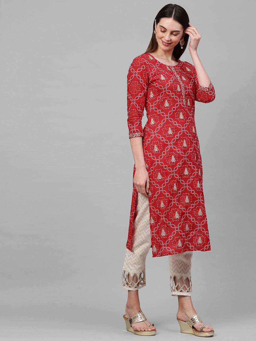 Bandhani Printed & Zari Embroidered Kurta - Red - Indiakreations