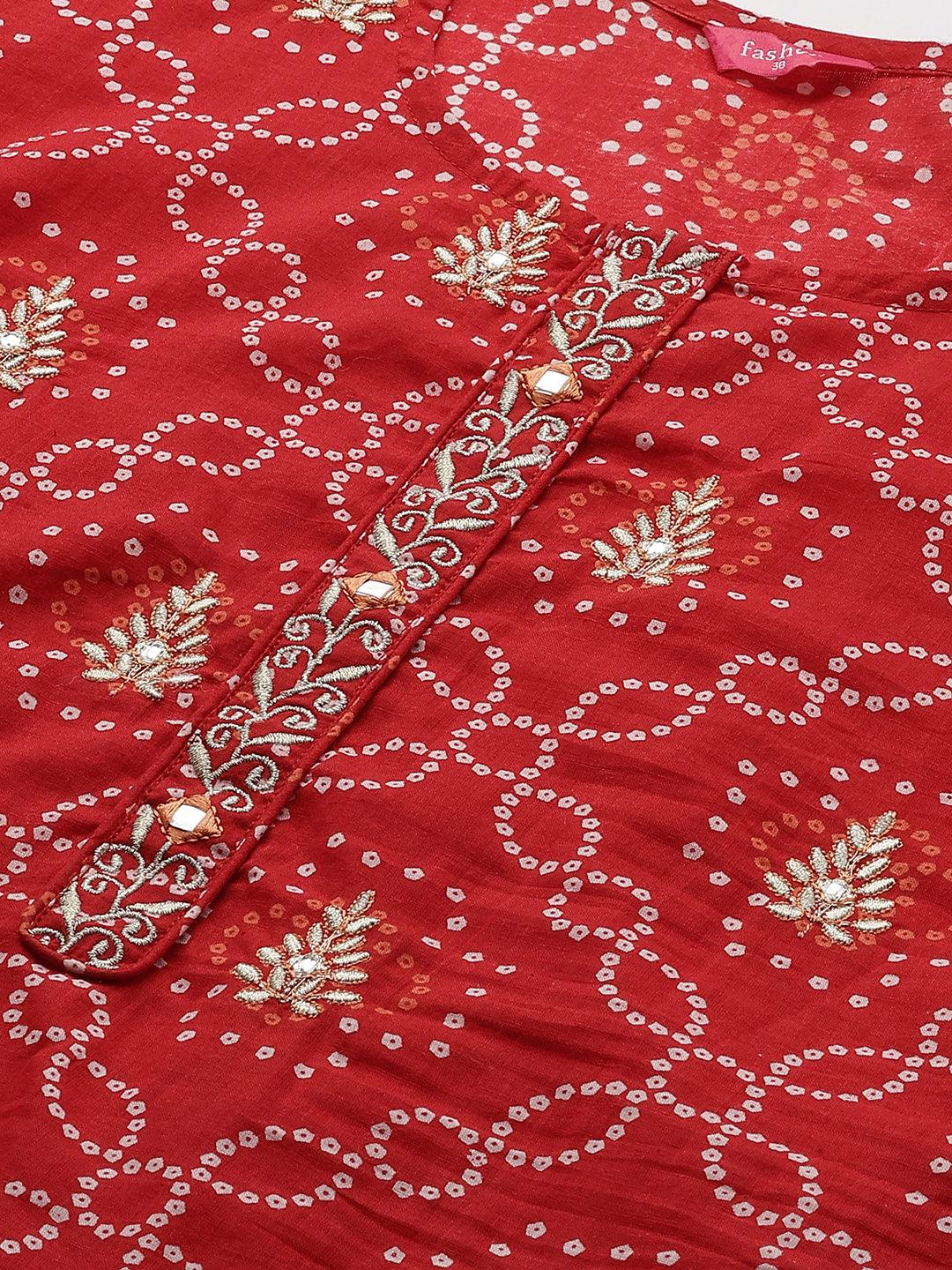 Bandhani Printed & Zari Embroidered Kurta - Red - Indiakreations